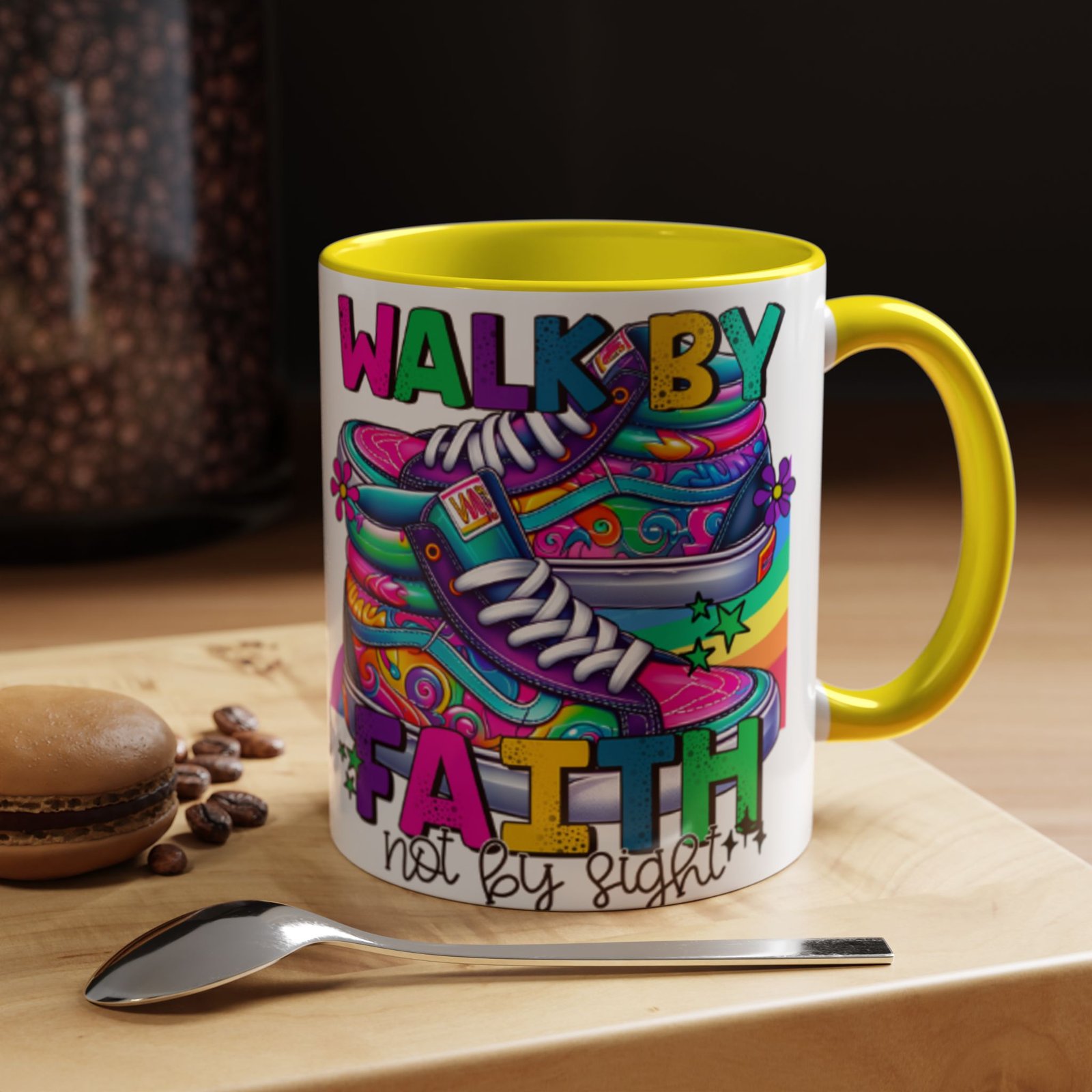 Accent Mug — "Walk by Faith Not by Sight" Colorful Sneakers Christian Coffee Mug - Image 60