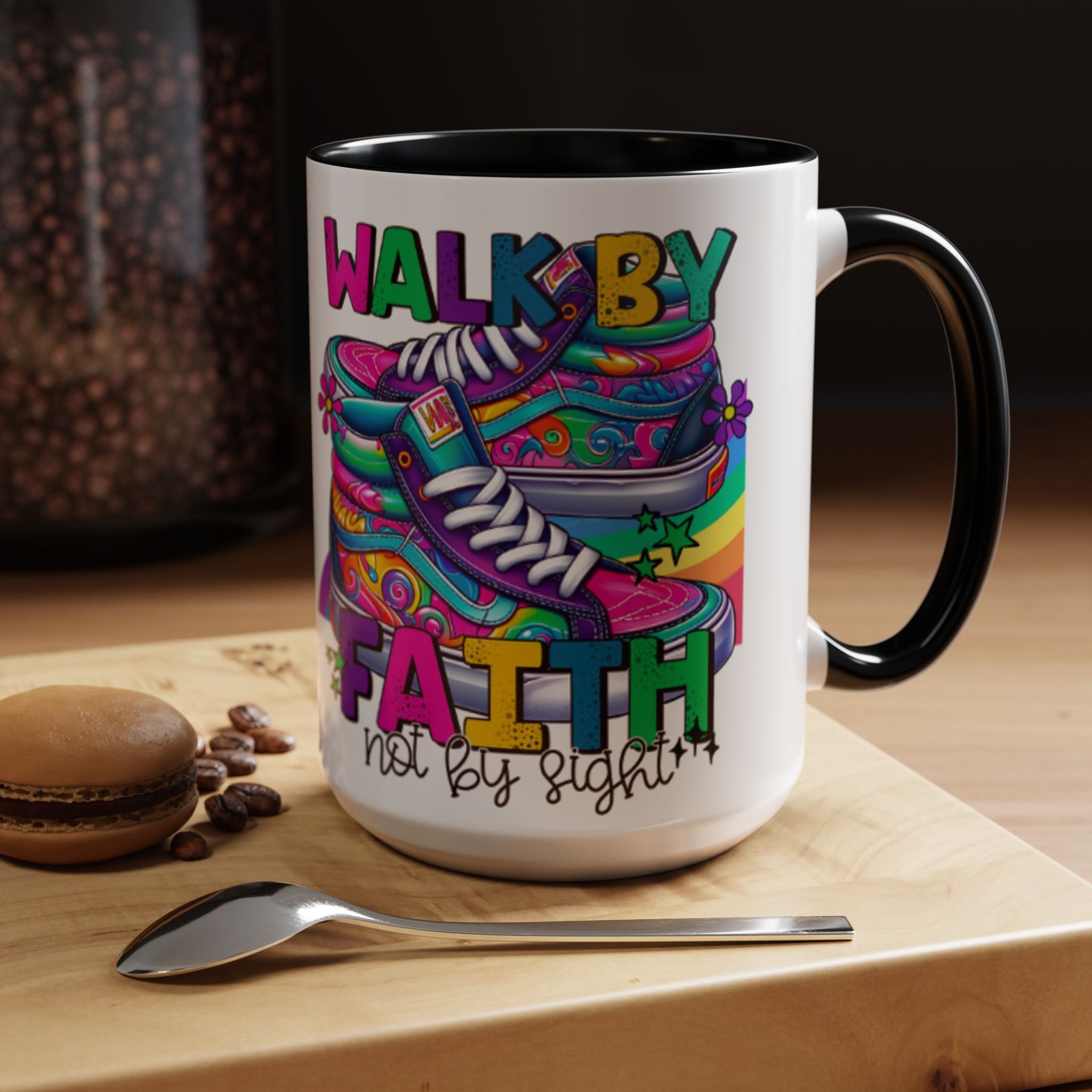 Accent Mug — "Walk by Faith Not by Sight" Colorful Sneakers Christian Coffee Mug - Image 10