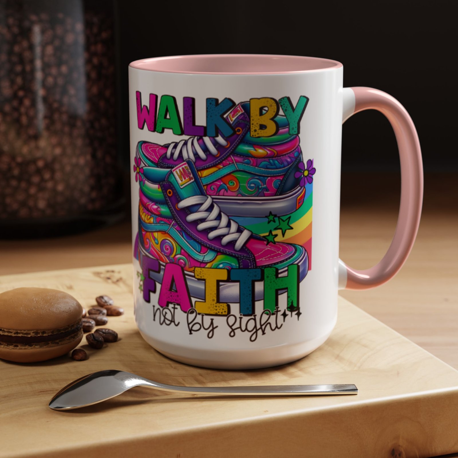 Accent Mug — "Walk by Faith Not by Sight" Colorful Sneakers Christian Coffee Mug - Image 20