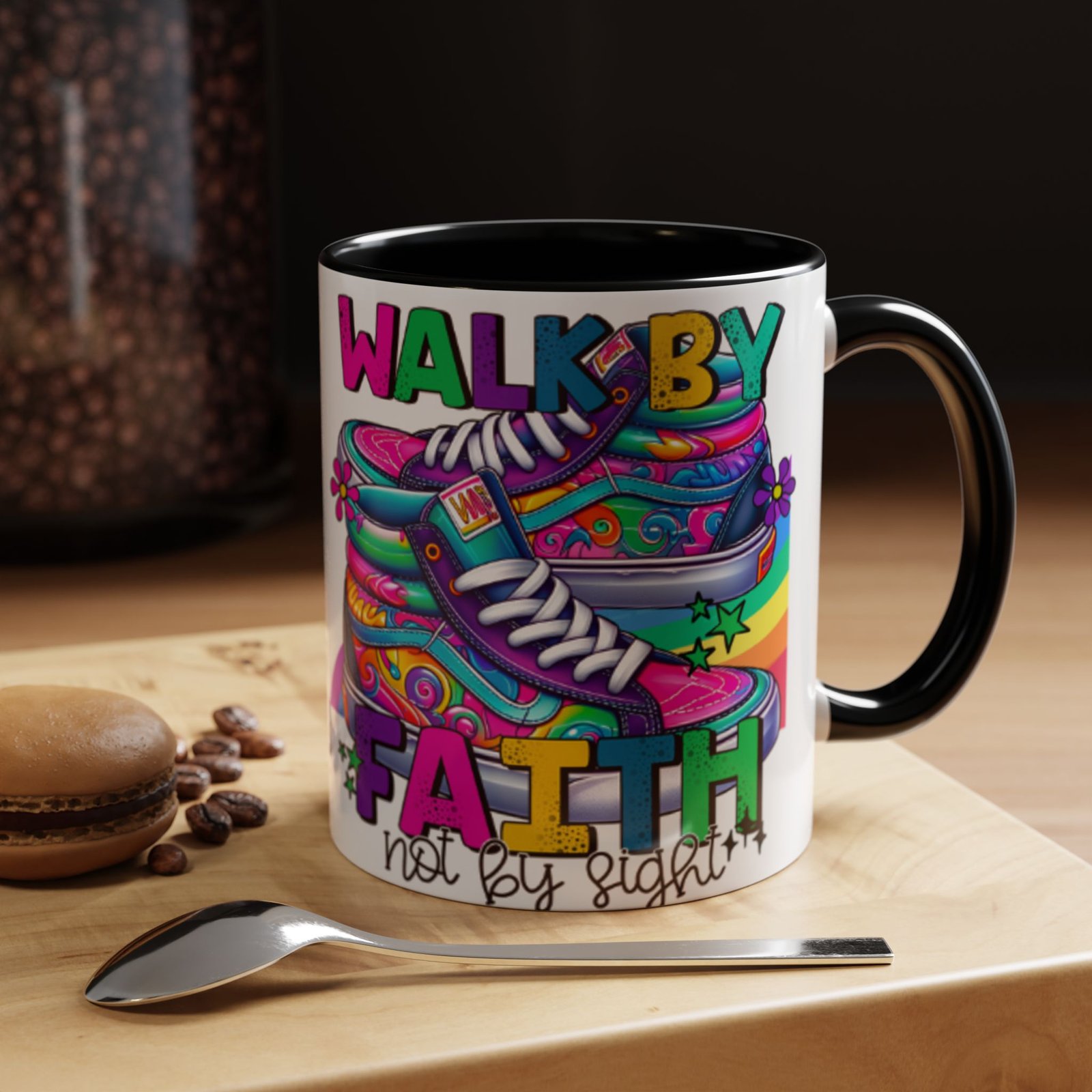 Accent Mug — "Walk by Faith Not by Sight" Colorful Sneakers Christian Coffee Mug - Image 35