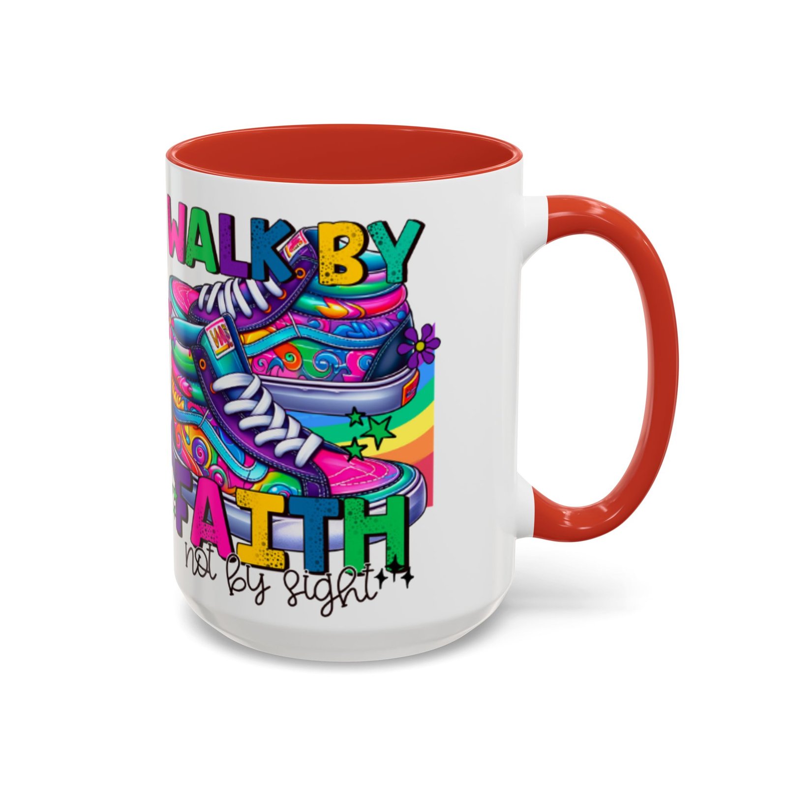 Accent Mug — "Walk by Faith Not by Sight" Colorful Sneakers Christian Coffee Mug - Image 22