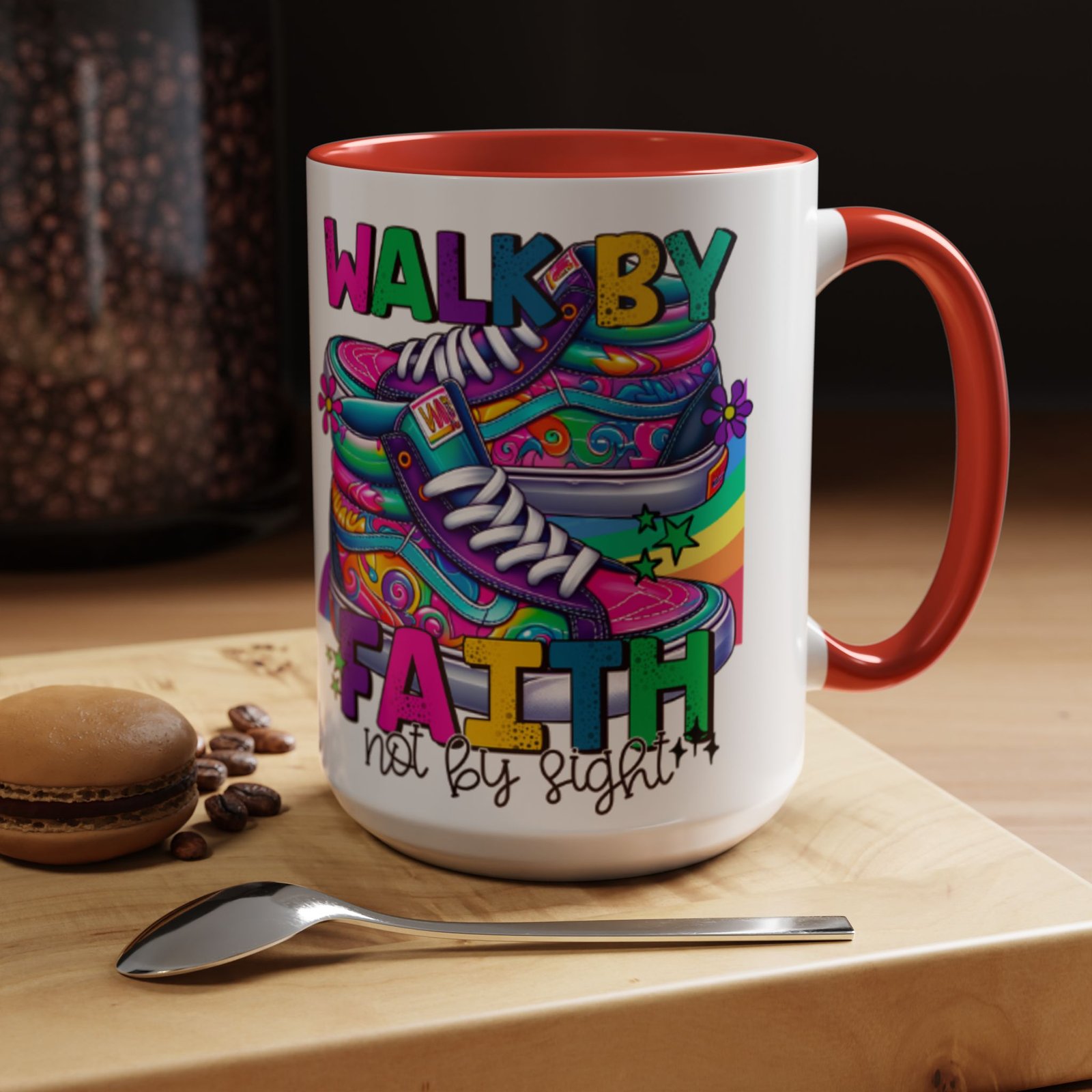 Accent Mug — "Walk by Faith Not by Sight" Colorful Sneakers Christian Coffee Mug - Image 25